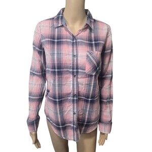 Flag & Anthem women's small pink plaid long sleeve thin button down collared